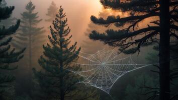 Spiderweb Hanging Among Forest Trees at Sunrise in Misty Morning photo