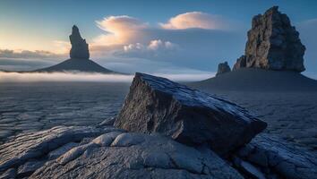 Large Rock Formation Overlooking a Dry Landscape with Unique Rock Pillars photo