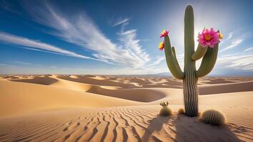 Cactus Blooms in Desert Landscape Under Blue Sky with Clouds photo