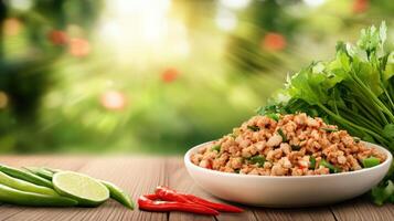 Minced meat and vegetables in a bowl on the table, ready for consumption. Green background photo