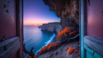 Viewing Sunset Ocean Cliffs Through Weathered Doorway on a Cliffside photo
