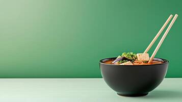 Miso soup bowl with tofu and chopsticks in studio with green background. Food photography photo
