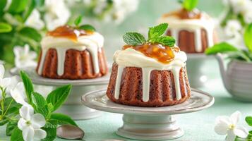 Mini cakes topped with cream and jam with flowers in the background. Possible use dessert menu photo