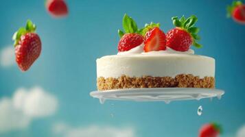 Mini cheesecake with strawberries on a plate floating with falling strawberries in a blue sky photo