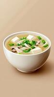 Miso soup with tofu and mushrooms in a white bowl on a brown background, for restaurant menu photo