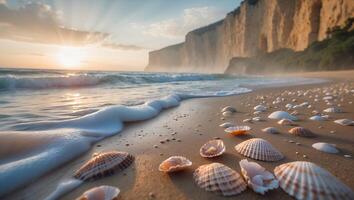 Seashells on Beach with Gentle Waves at Sunrise Scenic View photo