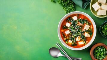 Miso Soup with Tofu and Seaweed Food photography for menu or cookbook, on a green background photo