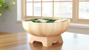 Miso soup with tofu in a wood bowl on table, indoor. Warm light from a window in the background photo