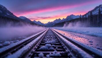 Snow Covered Train Tracks Leading to Distant Mountains at Sunset photo