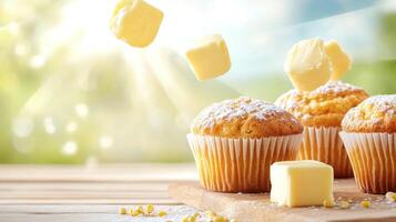 Muffins with butter falling onto them, displayed on a wooden table. Sunny nature background photo