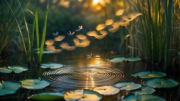 Dragonflies Hovering Above Calm Pond Creating Ripples in Golden Light photo