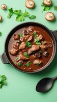 Mushroom beef stew on green, background includes parsley and fungi, food photography, for food blog use photo