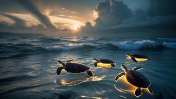 Sea Turtles Swimming in Ocean at Dramatic Sunset with Breaking Waves photo