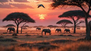 Elephants Walking on African Savannah at Sunset with Bird Flying photo