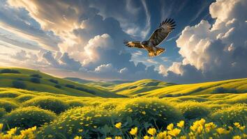 Hawk Flying Over Yellow Flower Field Landscape with Dramatic Cloudy Sky photo