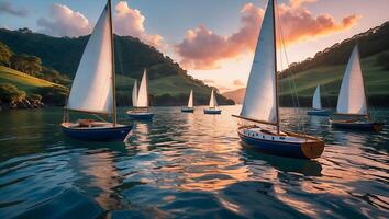 Sailing Boats on Calm Water at Sunset with Rolling Green Hills photo