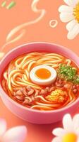 Noodle bowl with egg and vegetables in a pink bowl, decorative background, used for menu photo