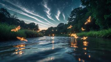 Fireflies Floating Over River at Night with Starry Sky Above photo
