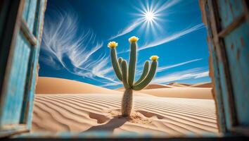 Desert Cactus Blooms Viewed Through Open Window Under Bright Sunlight photo