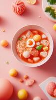 Noodle bowl with fish, egg, vegetables, and red broth on pink background, suitable for food blogs photo