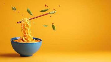 Noodle dish being lifted by chopsticks with herbs and chili scattered around in bright background photo
