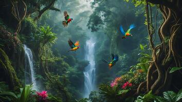 Flying Parrots Over Jungle Waterfall with Lush Green Forest Scenery photo