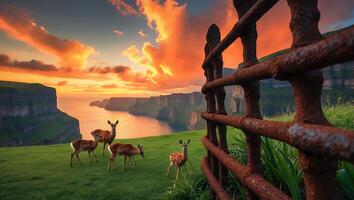 Deer Grazing on Green Hillside at Sunset with Rusty Fence photo