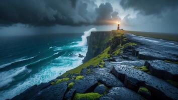 Lighthouse on Cliffside with Breaking Waves and Dramatic Sky Scenery photo