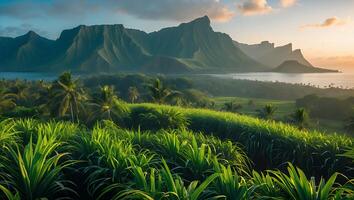 Lush Tropical Landscape Overlooking a Tranquil Bay with Majestic Mountains photo