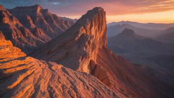 Rock Formation on Mountain Ridge During Sunset with Colorful Sky photo