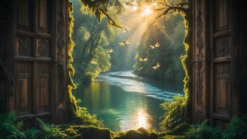 Open Door Overlooking River Flowing Through Lush Green Forest photo