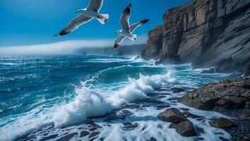 Seagulls Flying Over Ocean Waves Crashing Against Rocky Coastline Scenery photo