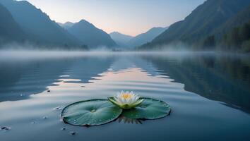 Water Lily Floating on Misty Mountain Lake at Early Dawn photo