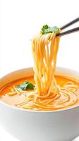 Noodle soup served with chopsticks on a white background, suitable for food blogs or menus photo
