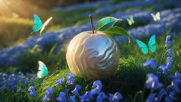 Apple Among Flowers with Light Illuminating the Field and Butterflies photo