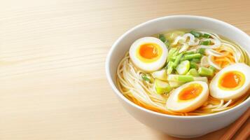 Noodle soup with egg halves and onions in a white bowl on a wooden table. Food photography photo