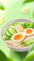 Noodle soup with egg and vegetables in bowl on a blurred background, for food blogs photo