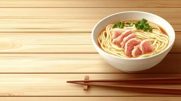 Noodle soup with pork and herbs in a bowl is served on a wooden table. Food blog photo