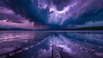 Dramatic Storm Clouds Reflecting on Lake Surface with Dark Landscape photo