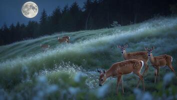 Deer Grazing in Meadow Under Moonlight During Nighttime Nature Scene photo
