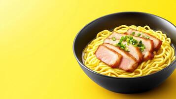 Noodles in a bowl with sliced meat on top, garnished and served on bright background. Food photography photo