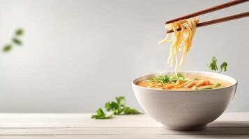 Noodles lifted with chopsticks from steaming bowl of soup greens on surface. Food blog photo
