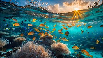 Colorful Fish Swimming Above Coral Reef with Sun Rays Shining photo