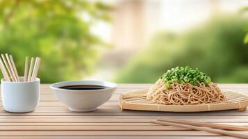 Noodles on mat with soy sauce and chopsticks on table with garden background. Food advertisement photo