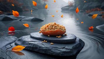 Delicious Seed Ball on Rocks Beside Water with Falling Autumn Leaves photo