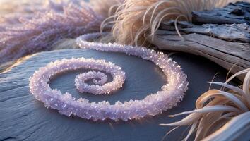 Crystal Beads Forming Spiral Shape on Stone Background with Natural Elements photo