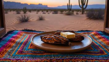 Grilling Corn on Plate Near Window with Desert View at Sunset photo
