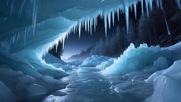 Exploring a Frozen Ice Cave with Icicles and Winter Landscape photo