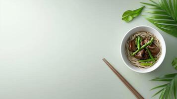Noodles with beef asparagus presented with decoration for use in blogs and magazines photo