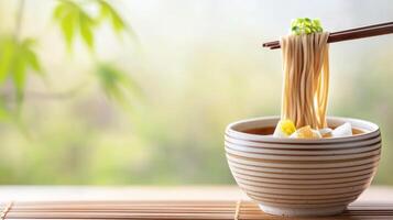 Noodles with broth held by sticks over bowl in a tranquil garden background for restaurant menu photo